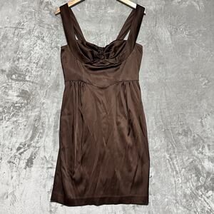 Suzy Chin Maggie Boutique Brown Satin Rouched Evening Cocktail Dress Petite 8P